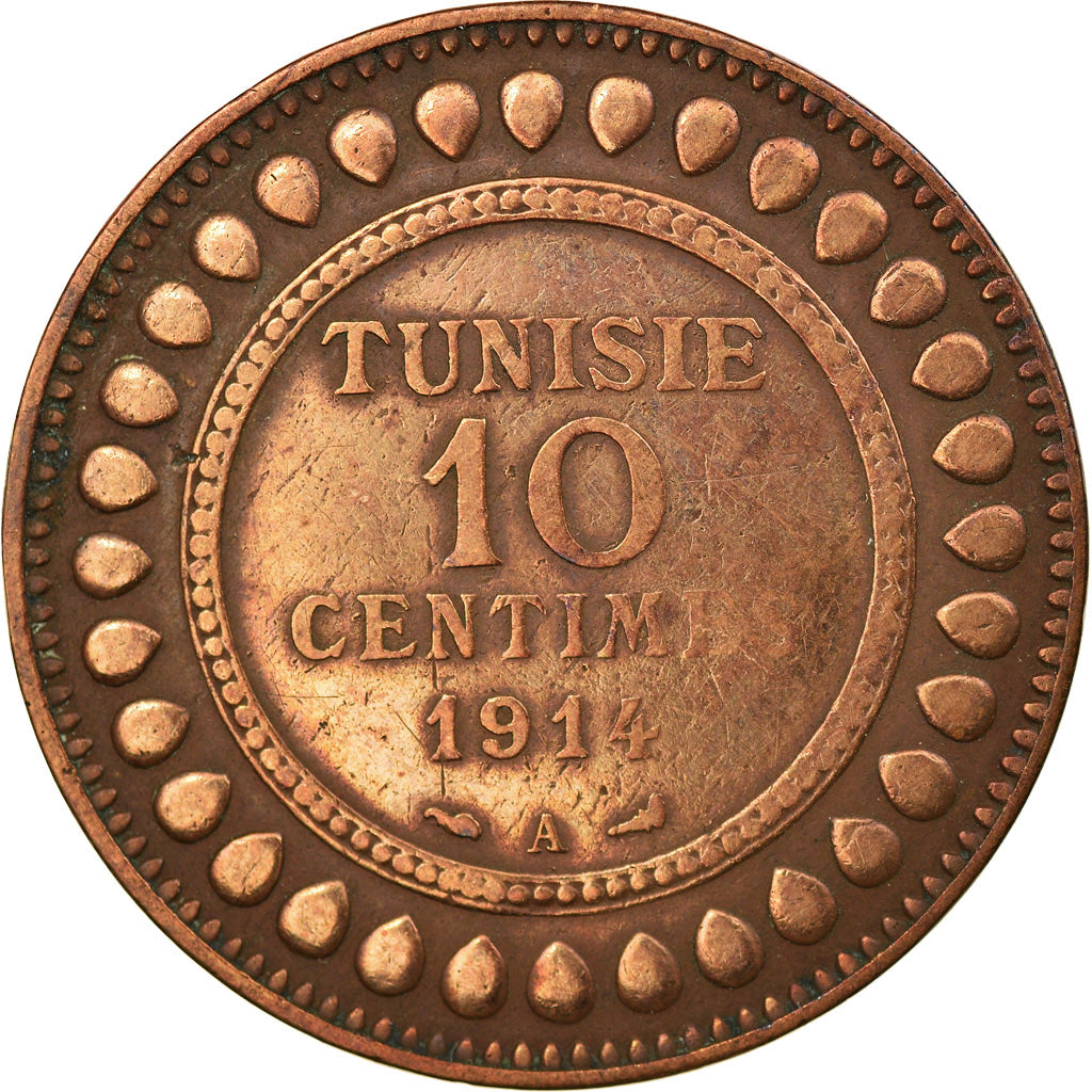 Moneta, Tunisia, Muhammad al-Nasir Bey, 10 Centimes, 1914, Paris, VF(30-35)