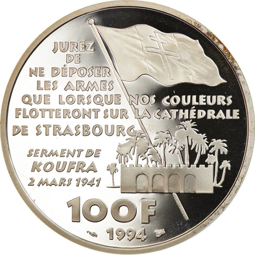 Munten, Frankrijk, Général Leclerc, 100 Francs, 1994, Proof, FDC, Zilver