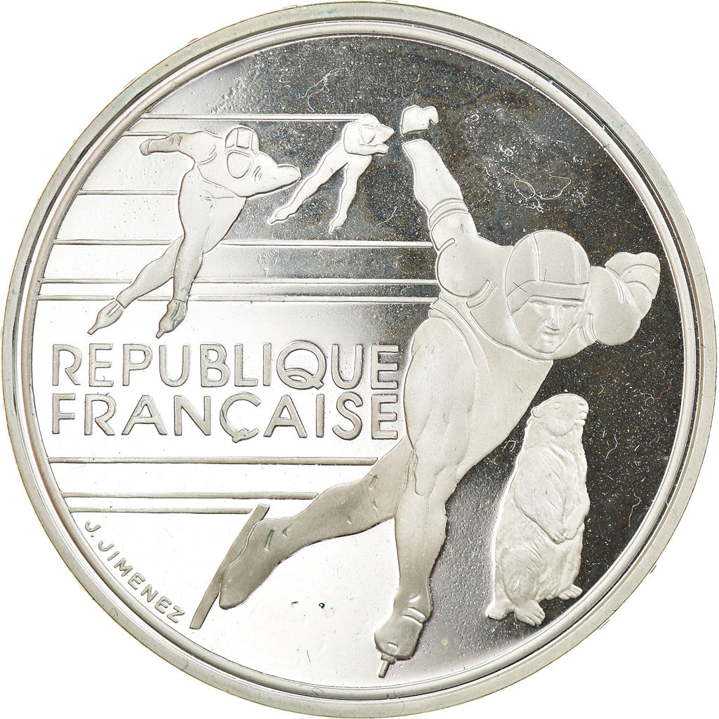 Munten, Frankrijk, Speed skaters, 100 Francs, 1990, Albertville 92, FDC, Zilver