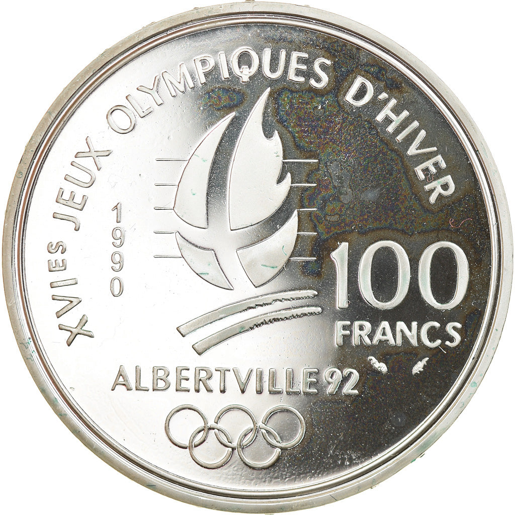 Munten, Frankrijk, Speed skaters, 100 Francs, 1990, Albertville 92, FDC, Zilver