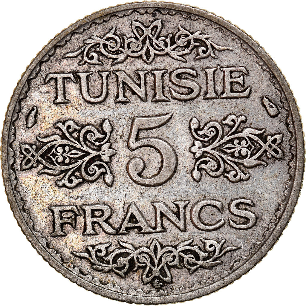 Moneda, Túnez, Ahmad Pasha Bey, 5 Francs, AH 1353/1934, Paris, MBC, Plata