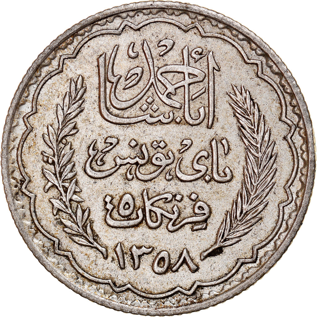 Moeda, Tunísia, Ahmad Pasha Bey, 5 Francs, 1939, Paris, EF(40-45), Prata