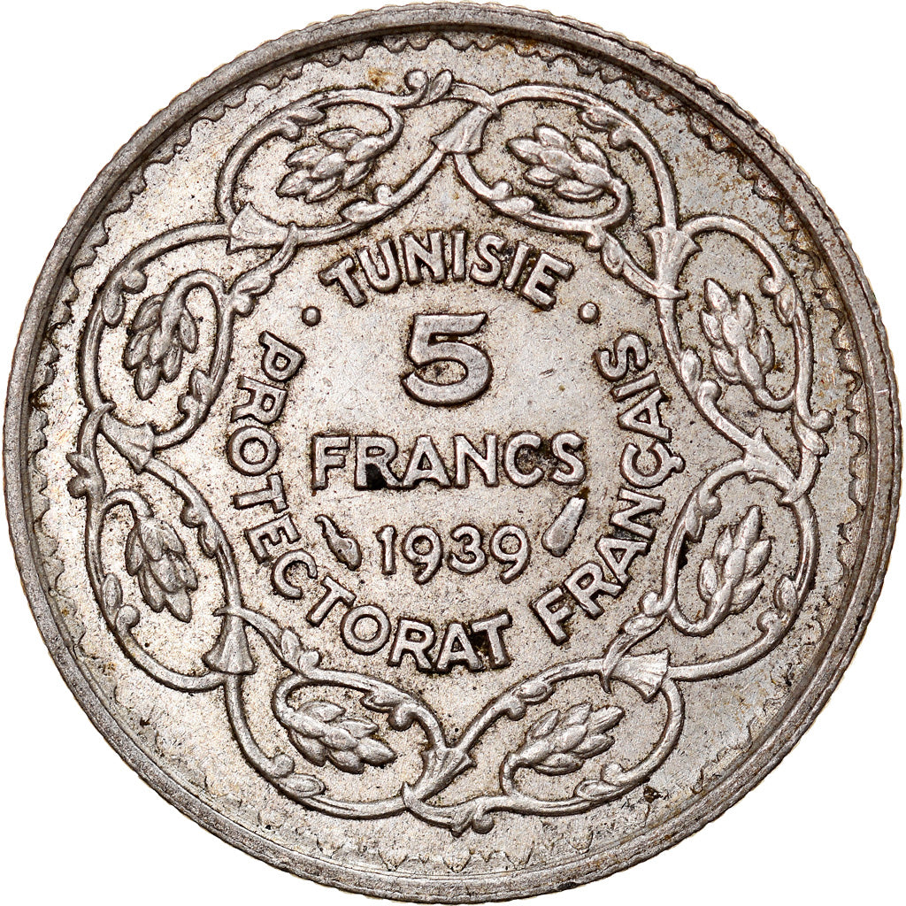 Moeda, Tunísia, Ahmad Pasha Bey, 5 Francs, 1939, Paris, EF(40-45), Prata