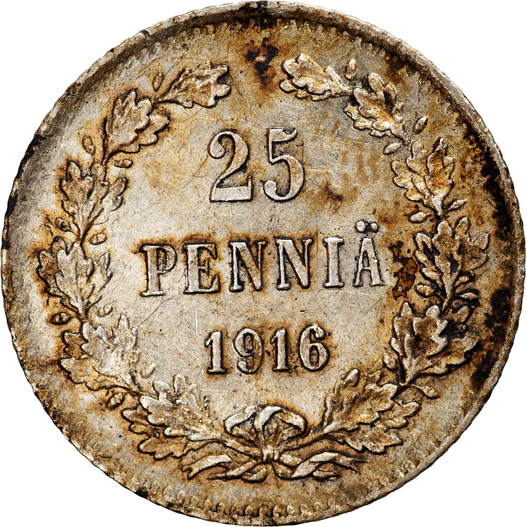 Moneta, Finlandia, Nicholas II, 25 Penniä, 1916, BB+, Argento, KM:6.2
