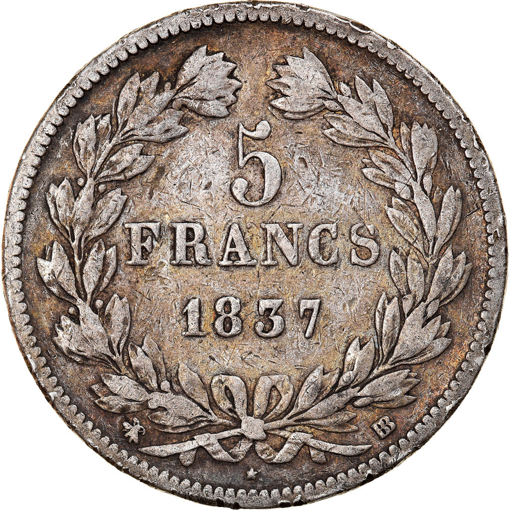 Moneta, Francja, Louis-Philippe, 5 Francs, 1837, Strasbourg, VF(20-25), Srebro