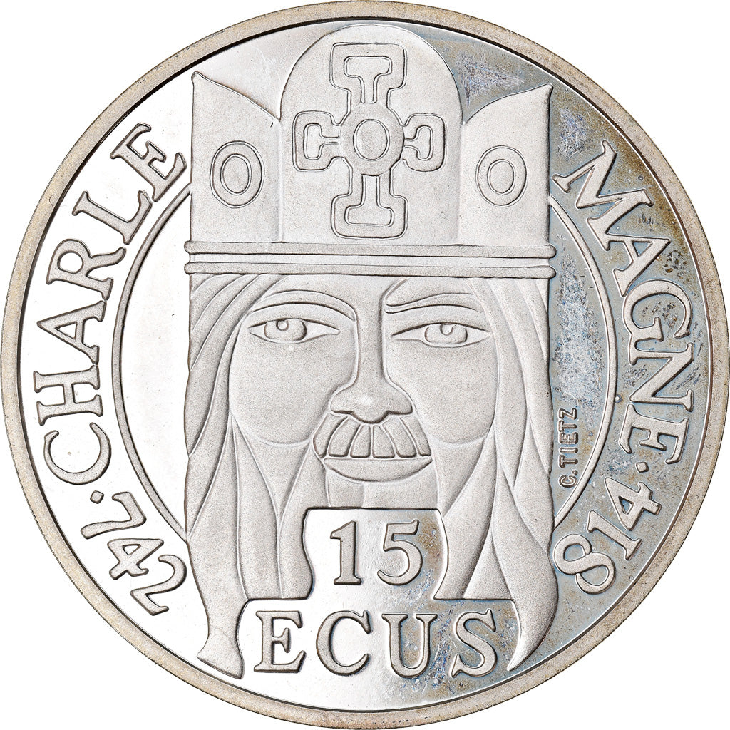 Munten, Frankrijk, Charlemagne, 100 Francs-15 Ecus, 1990, BE, FDC, Zilver