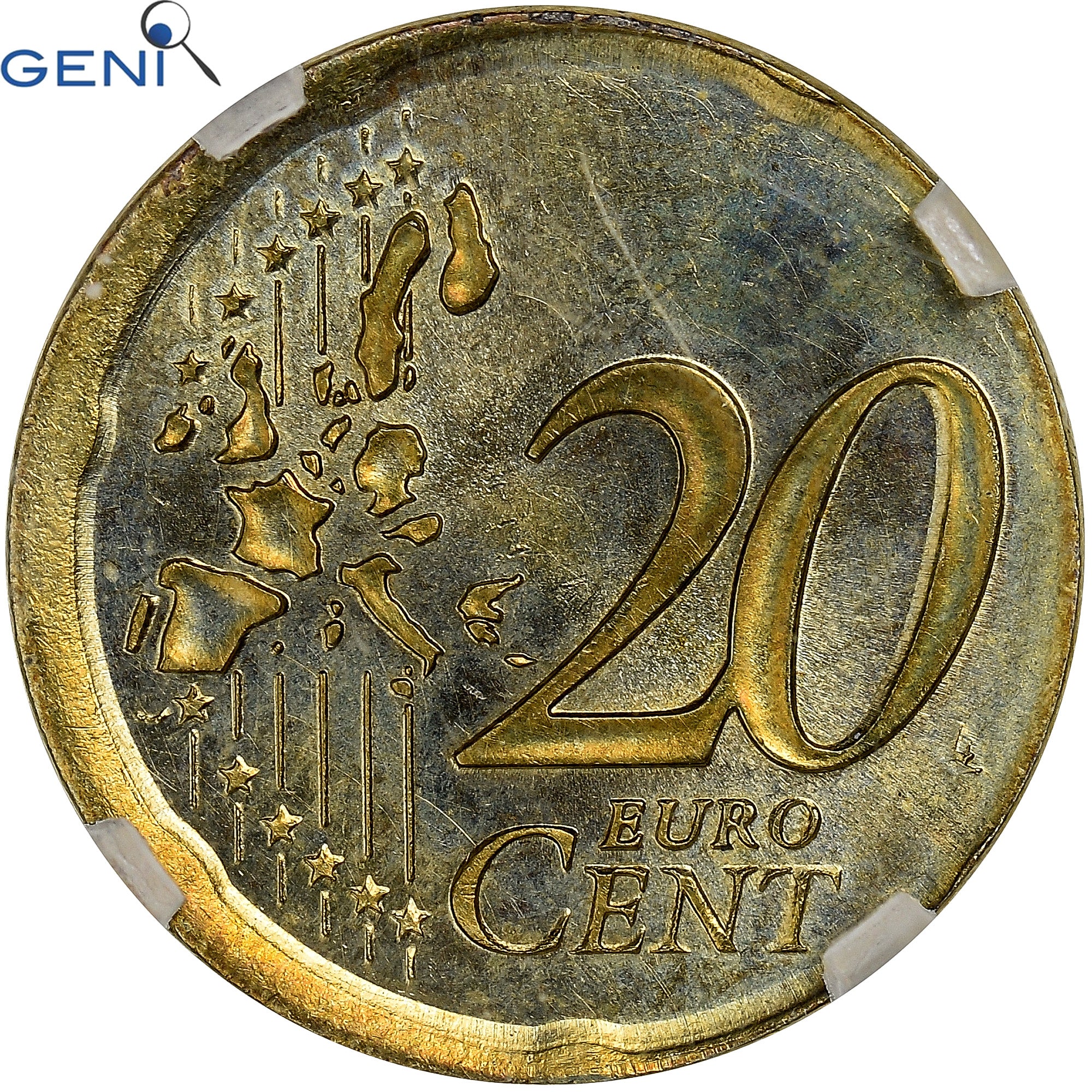 Francia, 20 Centimes, error broadstruck, 1999, Pessac, Nordic gold, GENI, MS64