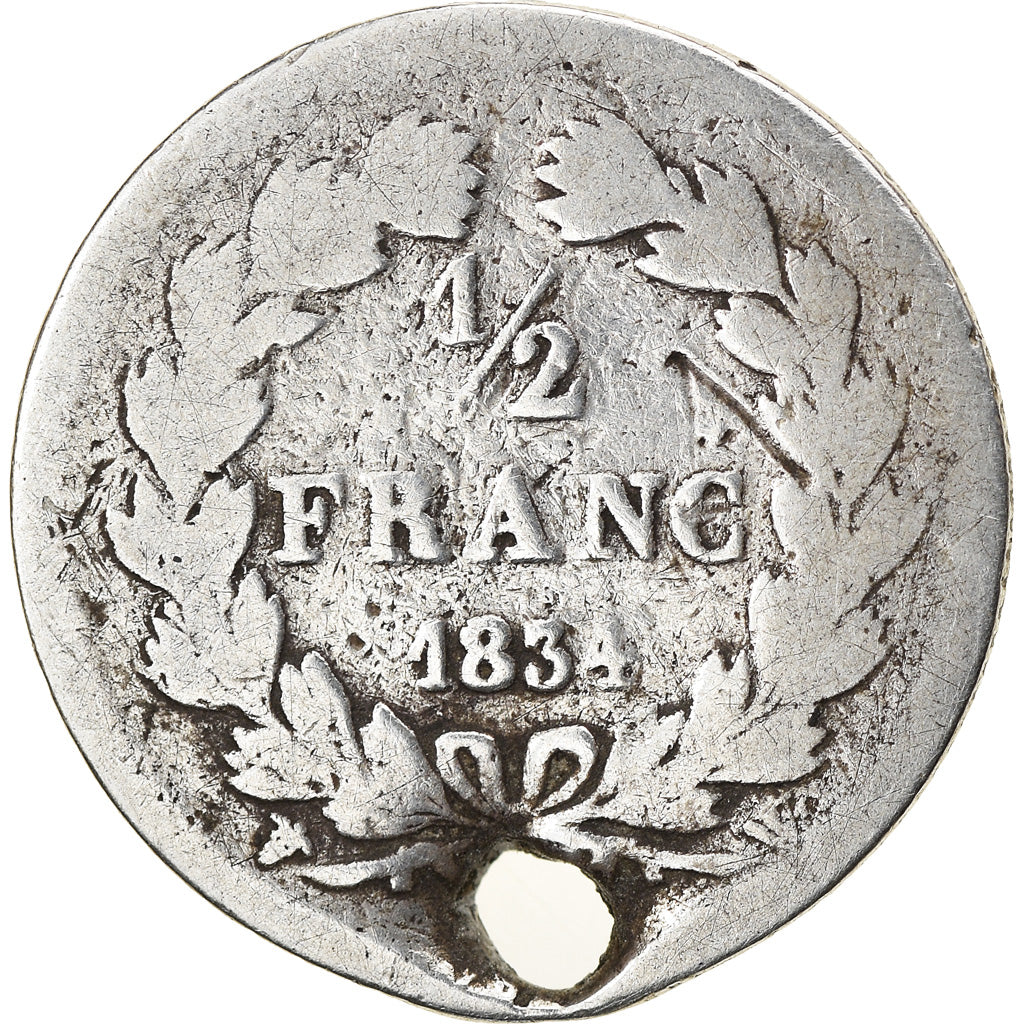 Monnaie, France, Louis-Philippe, 1/2 Franc, 1834, Lille, B, Argent, Gadoury:408