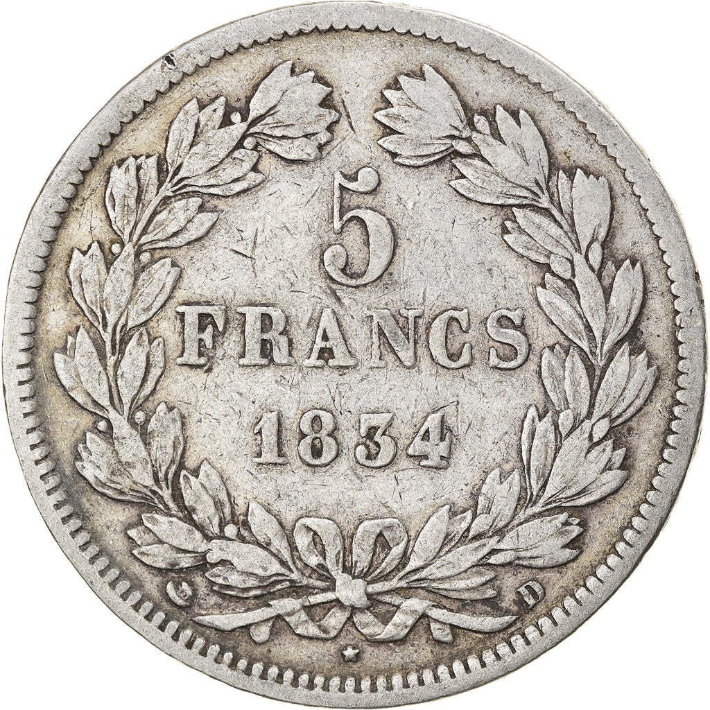 Monnaie, France, Louis-Philippe, 5 Francs, 1834, Lyon, TB, Argent, Gadoury:678