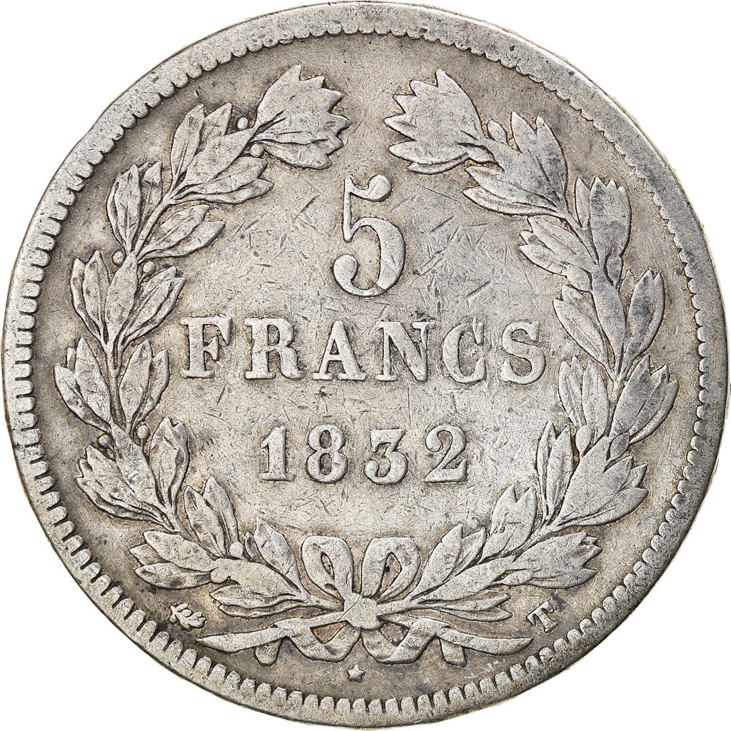 Moneda, Francia, Louis-Philippe, 5 Francs, 1832, Nantes, BC+, Plata, KM:749.12