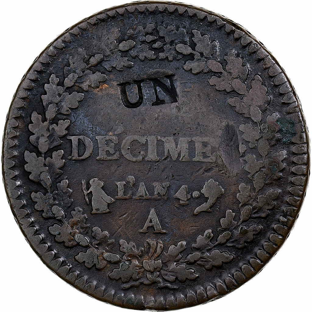 France, 1 Décime, Dupré, AN 4, Paris, Modification of the 2 décimes, Copper