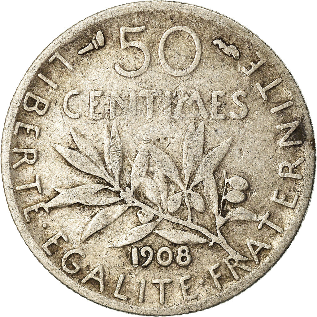 Moneta, Francja, Semeuse, 50 Centimes, 1908, Paris, VF(20-25), Srebro, KM:854