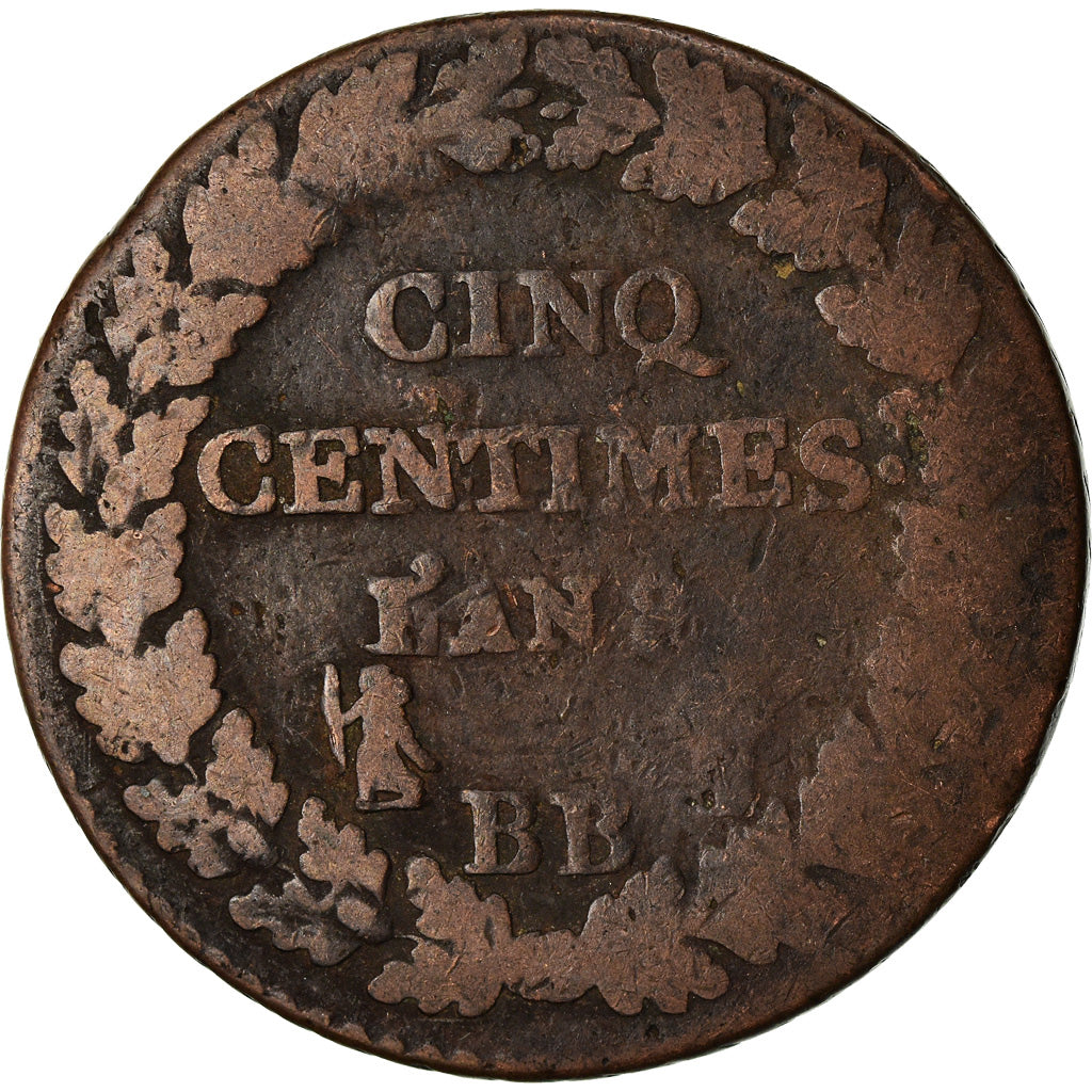 Moneta, Francja, Dupré, 5 Centimes, AN 8, Strasbourg, F(12-15), Bronze