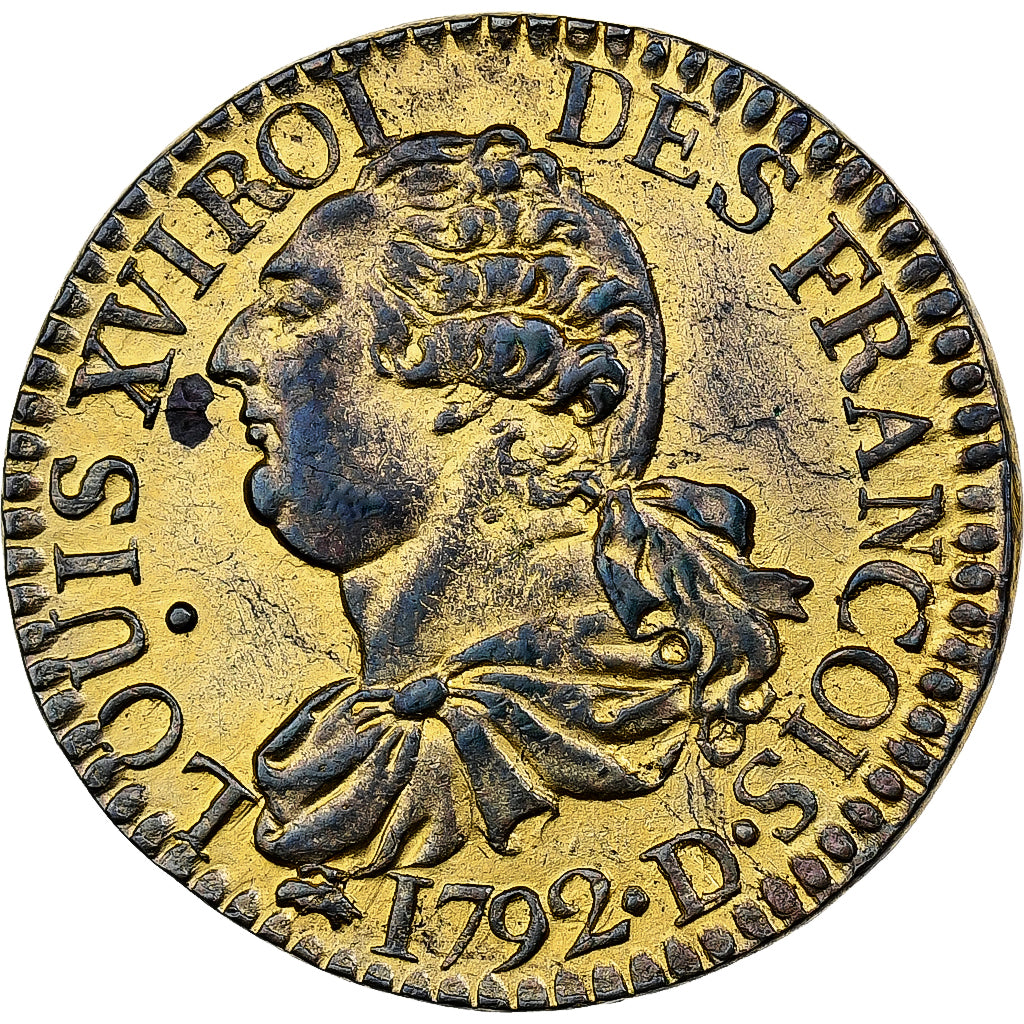 France, Louis XVI, 3 Deniers françois, 1792 / AN 4, Lyon, 2ème sem., Plaqué or