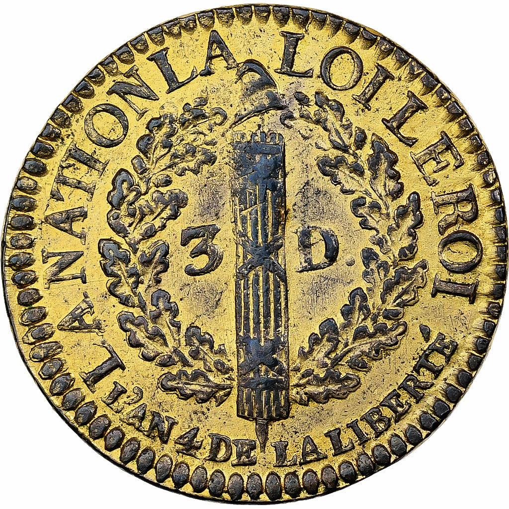 France, Louis XVI, 3 Deniers françois, 1792 / AN 4, Lyon, 2ème sem., Plaqué or