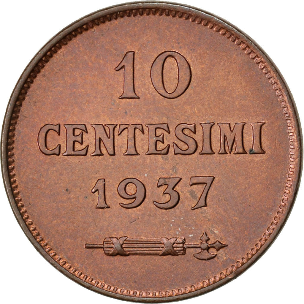 Coin, San Marino, 10 Centesimi, 1937, Rome, MS(64), Bronze, KM:13