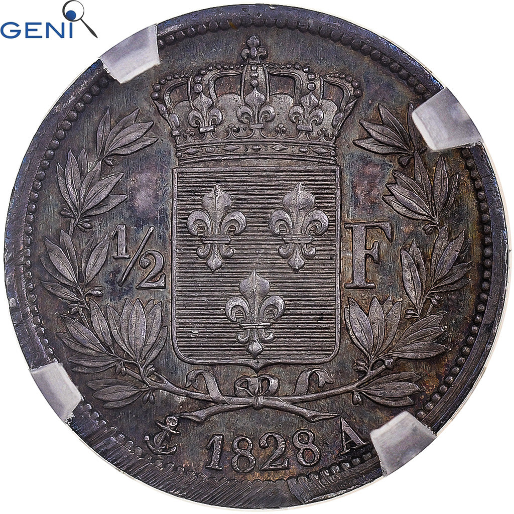 France, Charles X, 1/2 Franc, 1828, Paris, Silver, GENI, MS61, Gadoury:402