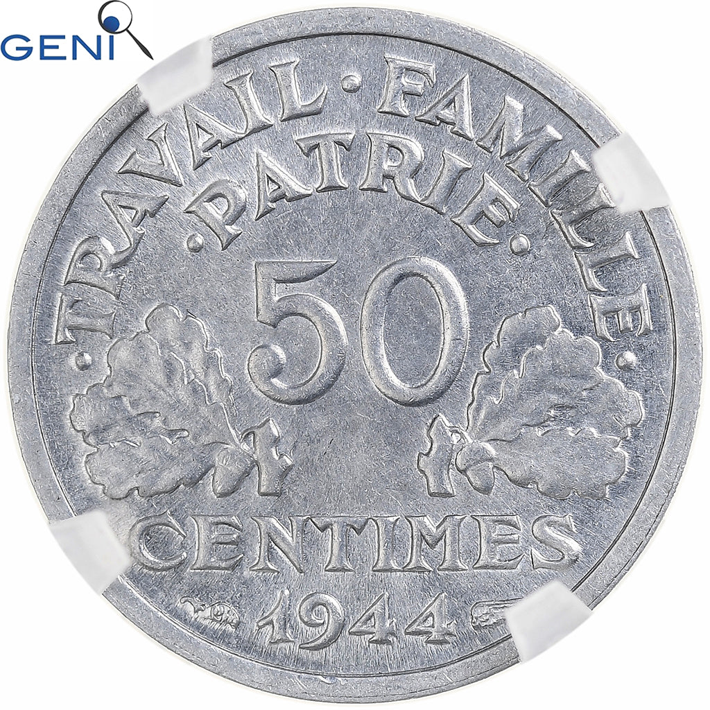 France, 50 Centimes, Bazor, 1944, Castelsarrasin, Aluminum, GENI, MS64