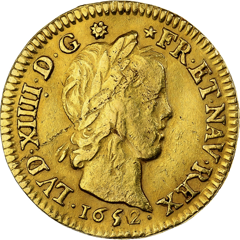 France, Louis XIV, 1/2 louis d'or à la mèche longue, 1652, Paris, Or, TTB