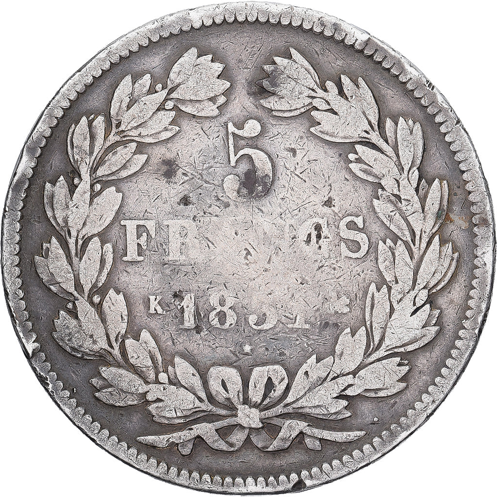 Moeda, França, Louis-Philippe, 5 Francs, 1831, Bordeaux, HYBRIDE, VF(20-25)