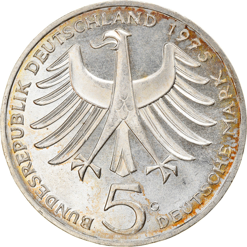 Moeda, ALEMANHA - REPÚBLICA FEDERAL, 5 Mark, 1975, Karlsruhe, Germany