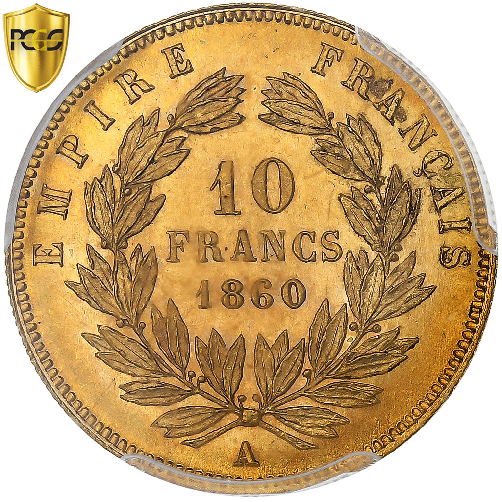 France, Napoleon III, 10 Francs, 1860, Paris, Gold, PCGS, MS64, Gadoury:1014