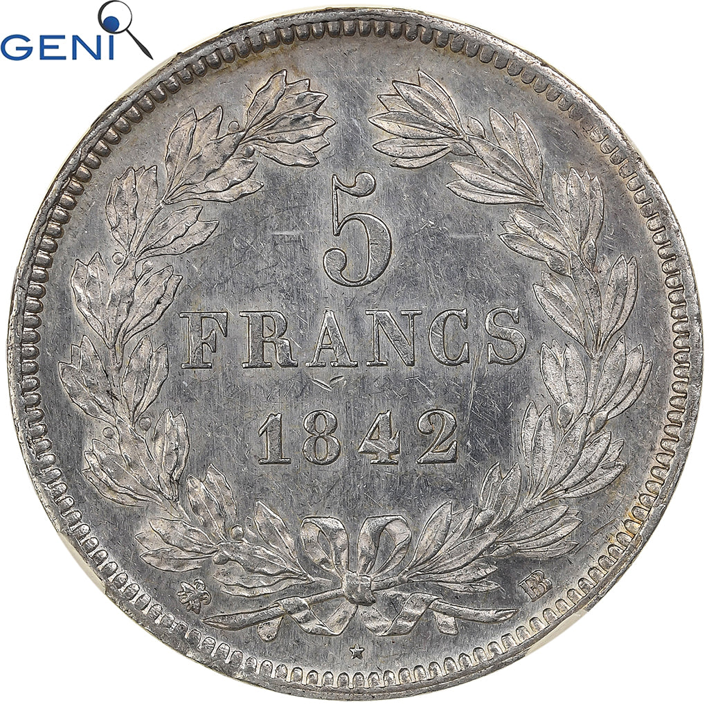 Moneda, Francia, Louis-Philippe, 5 Francs, 1842, Strasbourg, GENI, UNC Details