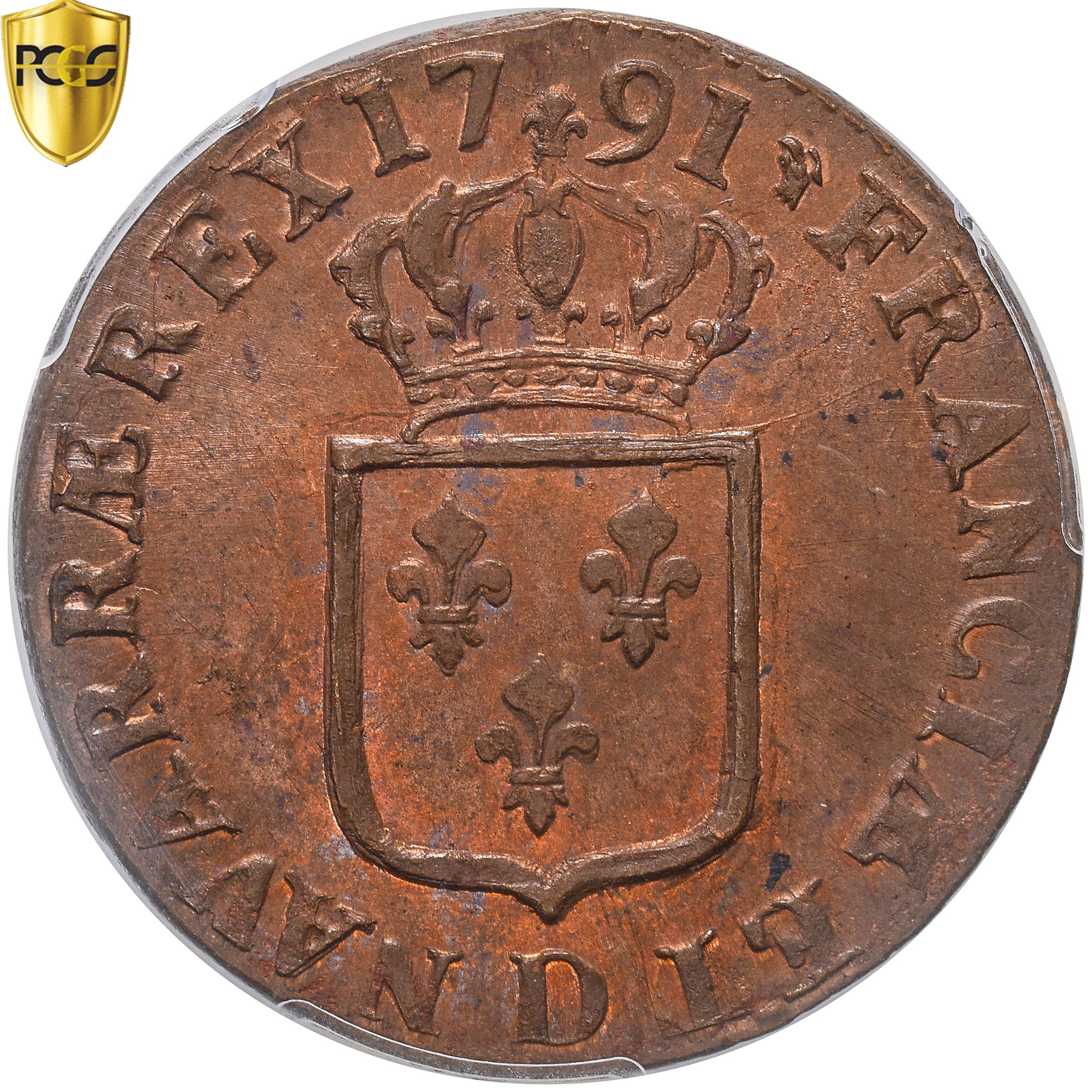 France, Louis XVI, Sol, 1791, Lyon, Copper, PCGS, MS65RB, Gadoury:350