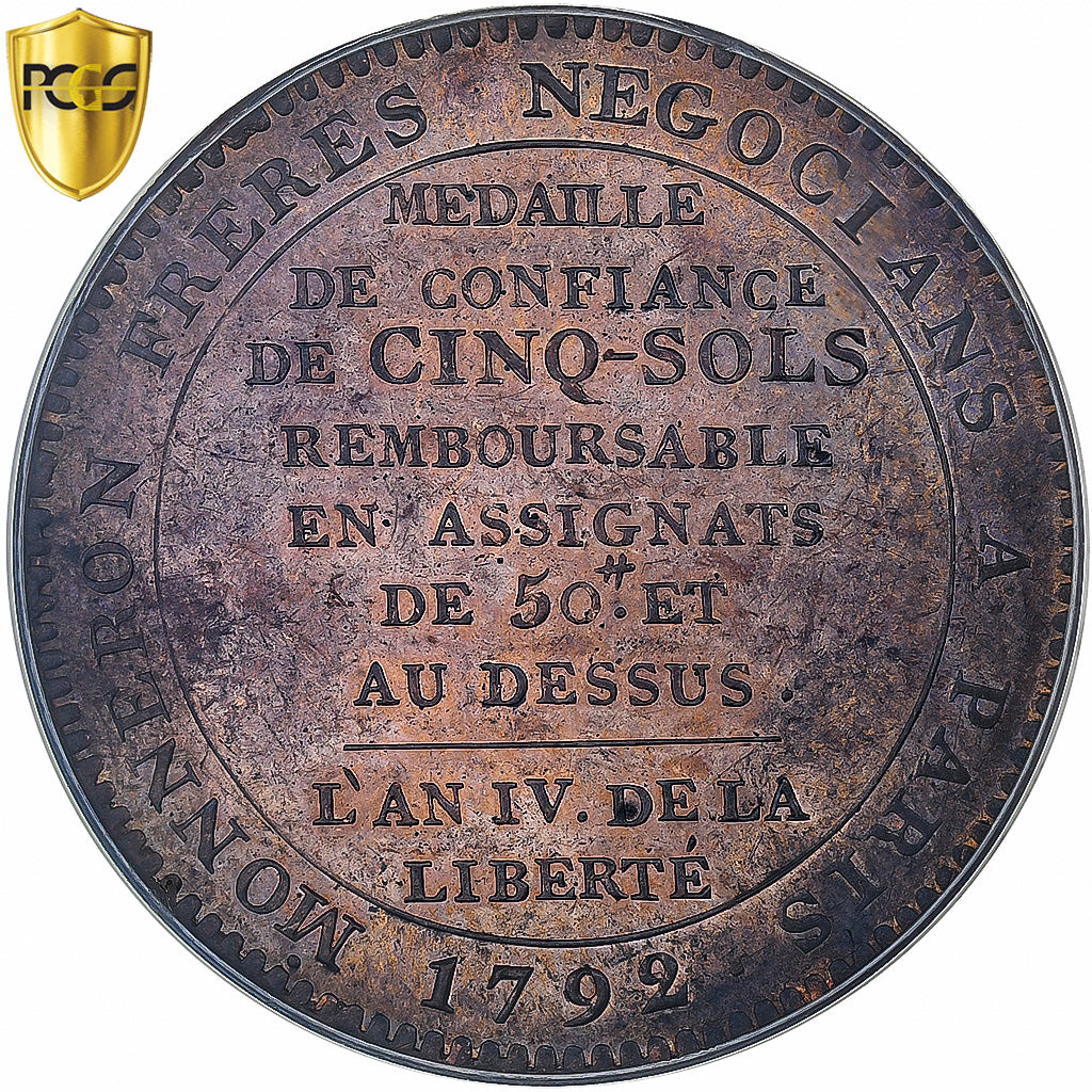 France, 5 Sols, Monneron, 1792, Birmingham, TOP POP, Bronze, PCGS, MS65RB