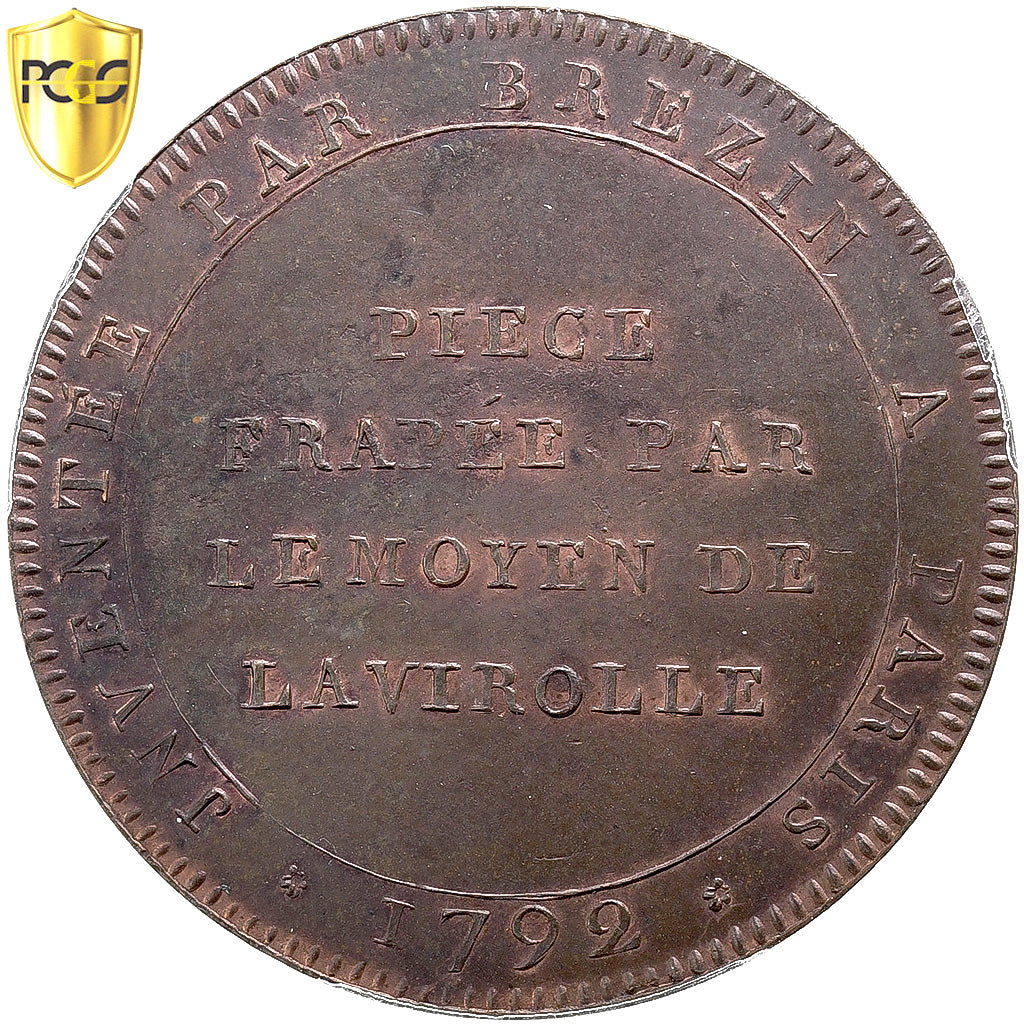 France, Essai de 2 sols au bonnet, 1792, Bronze, PCGS, SP62BN, Mazard:377