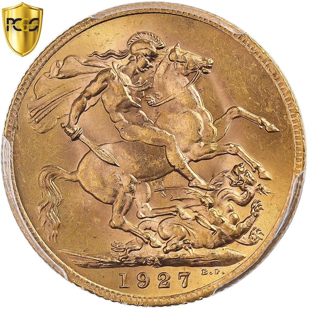South Africa, George V, Sovereign, 1927, Pretoria, Gold, PCGS, MS65, Spink:4004