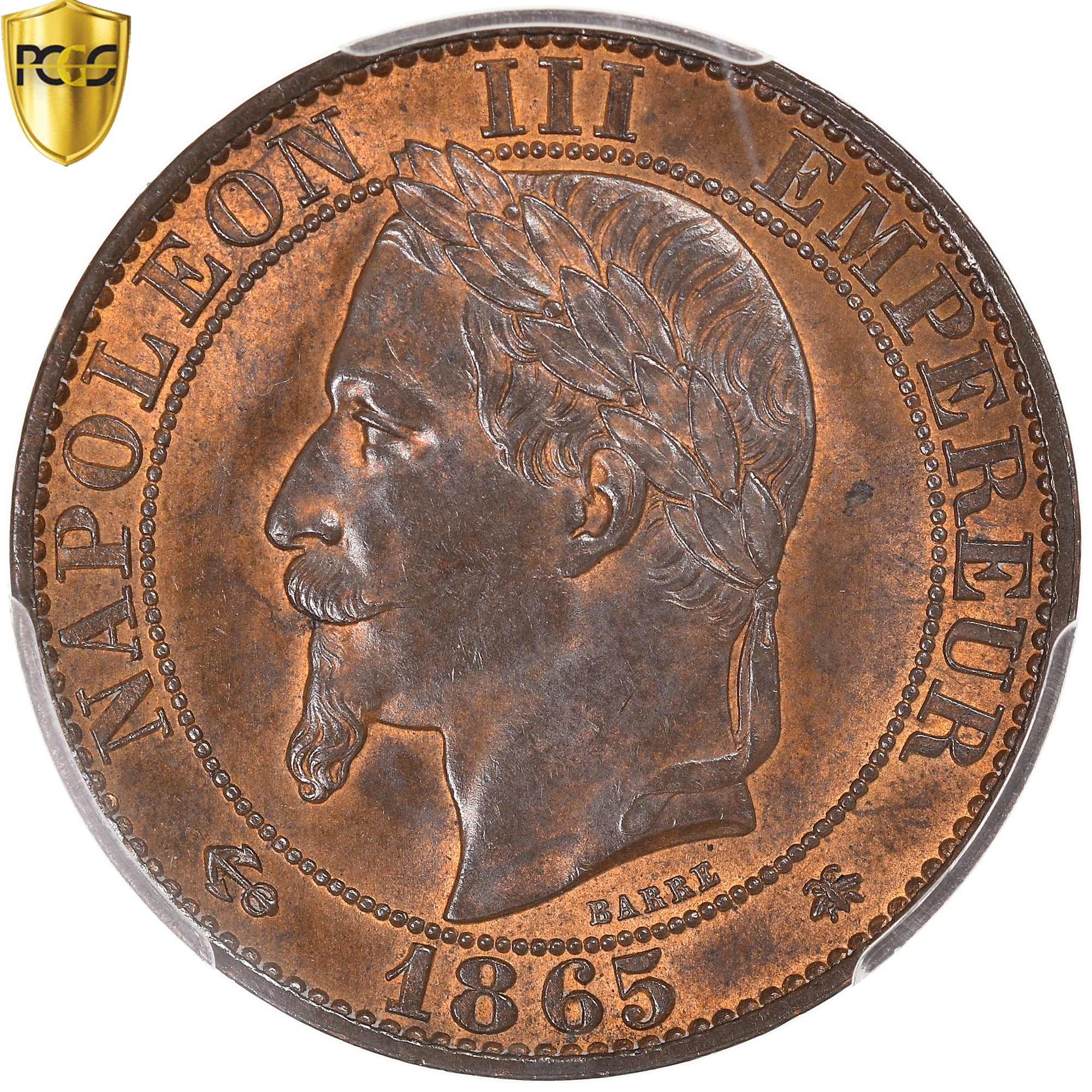 France, Napoleon III, 5 Centimes, 1865, Paris, Bronze, PCGS, MS64BN