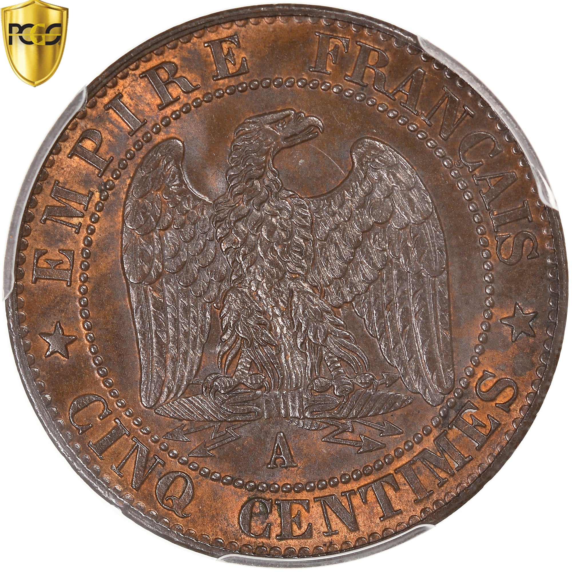 France, Napoleon III, 5 Centimes, 1865, Paris, Bronze, PCGS, MS64BN