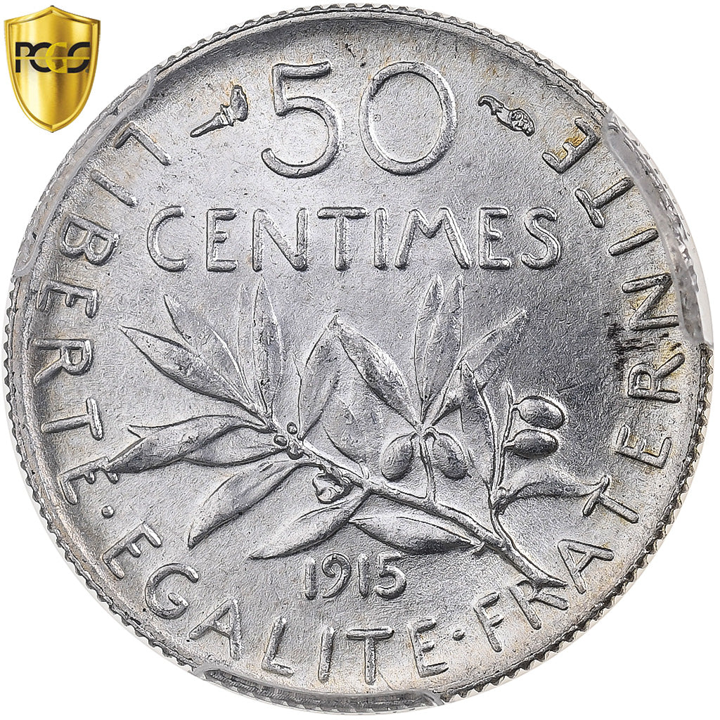Coin, France, Semeuse, 50 Centimes, 1915, Paris, PCGS, MS64, MS(64), Silver