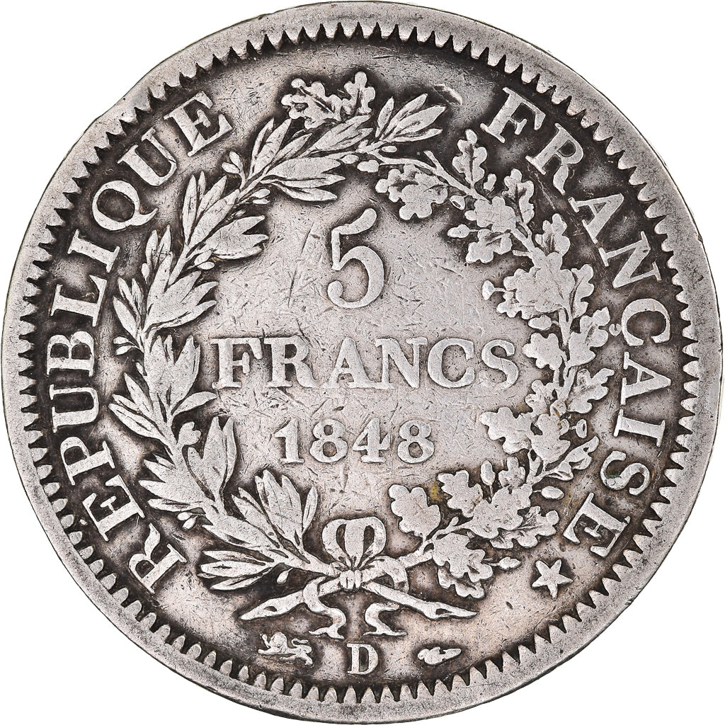 Moneda, Francia, Hercule, 5 Francs, 1848, Lyon, BC+, Plata, KM:756.3, Le