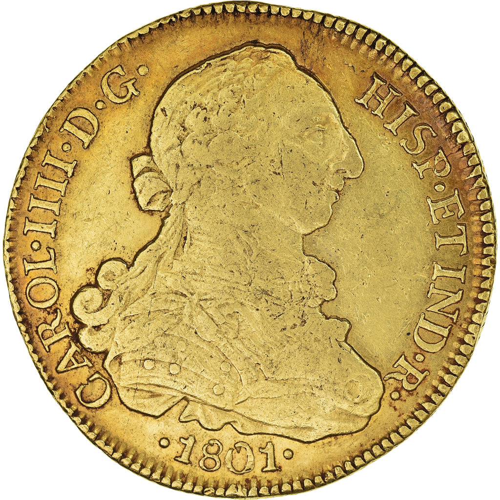 Chile, Carlos IV, 8 Escudos, 1801, Santiago, AJ, Oro, MBC, Friedberg:23, KM:54