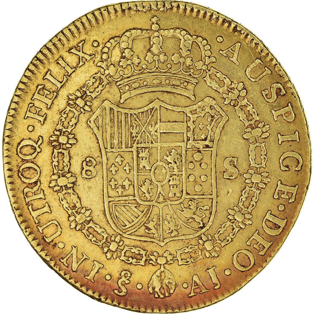 Chile, Carlos IV, 8 Escudos, 1801, Santiago, AJ, Oro, MBC, Friedberg:23, KM:54