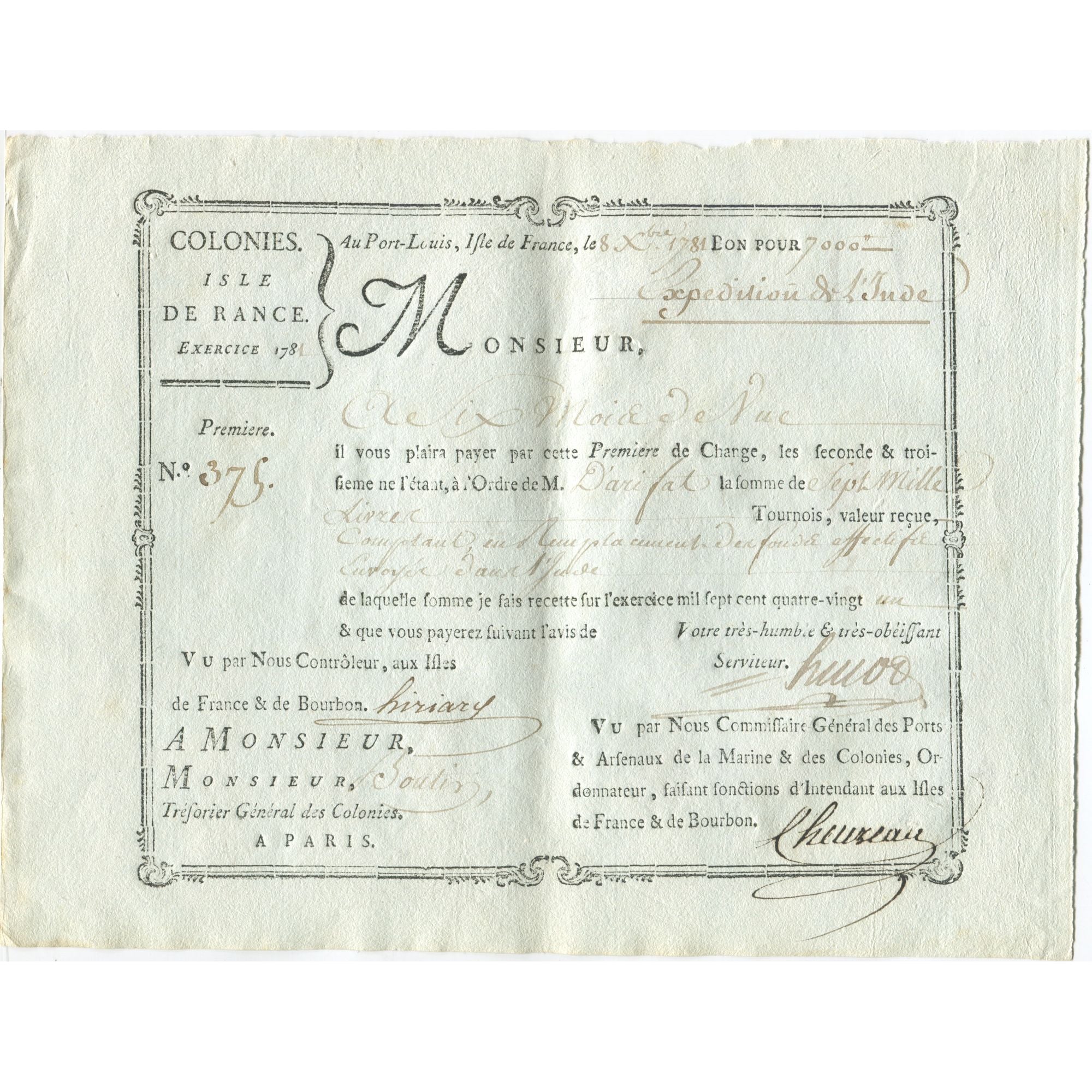 Frankrijk, Traite, Colonies, Isle de France, 7000 Livres, Expédition de l'Inde