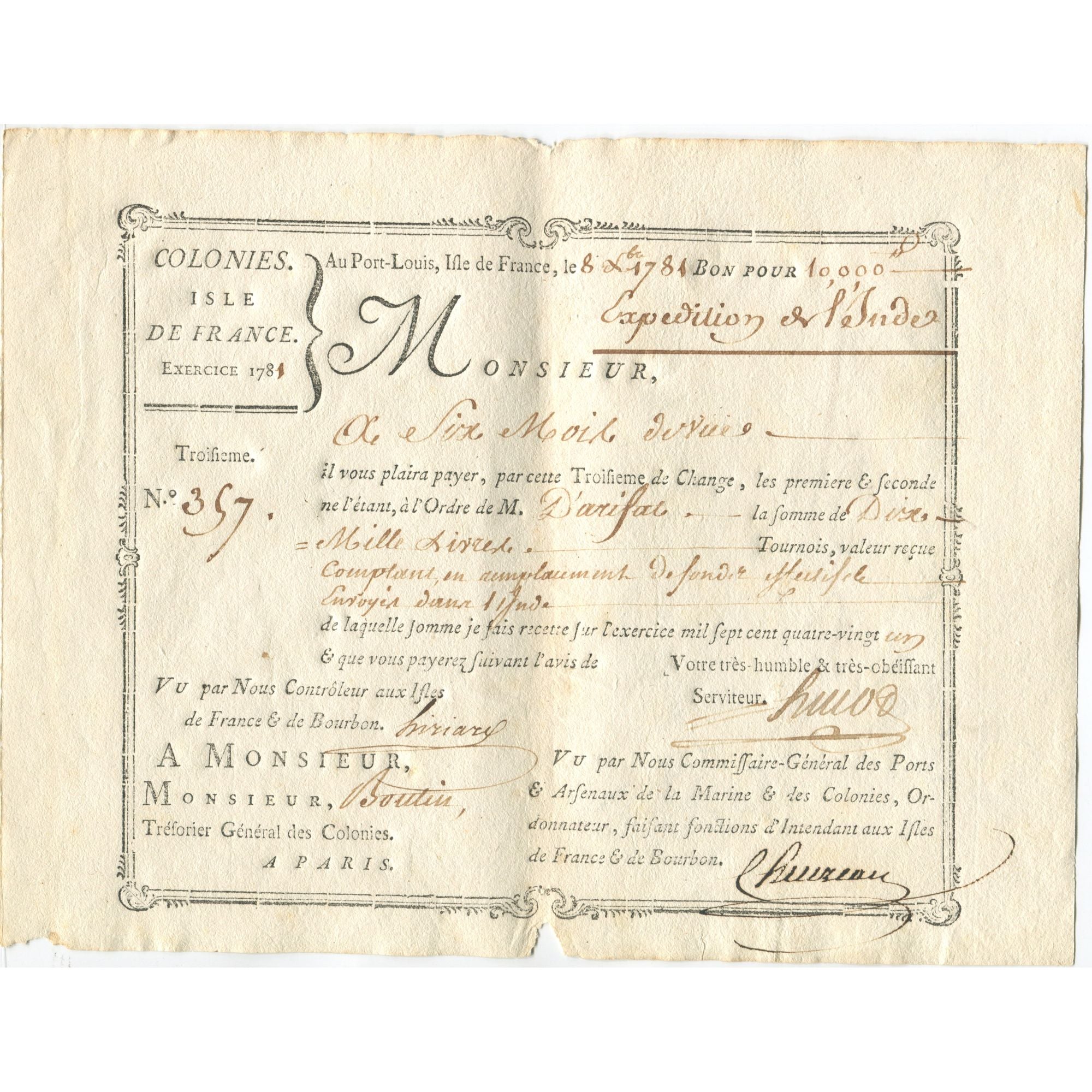 France, Traite, Colonies, Isle de France, 10000 Livres, Expédition de l'Inde