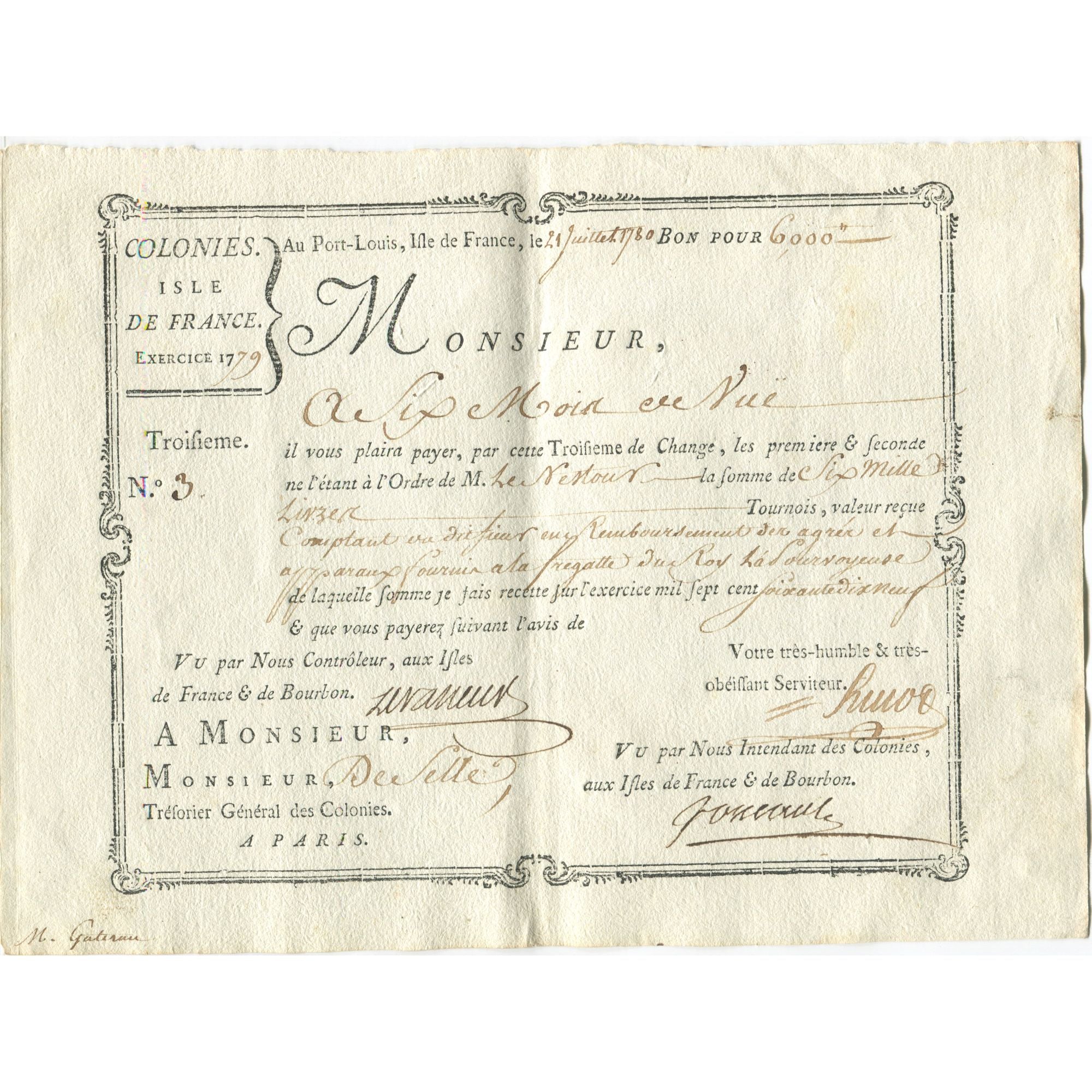 Francia, Traite, Colonies, Isle de France, 6000 Livres, La Pourvoyeuse, 1780