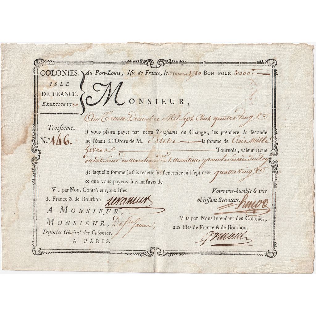 France, Traite, Colonies, Isle de France, 3000 Livres, 1780-03-31, EF(40-45)