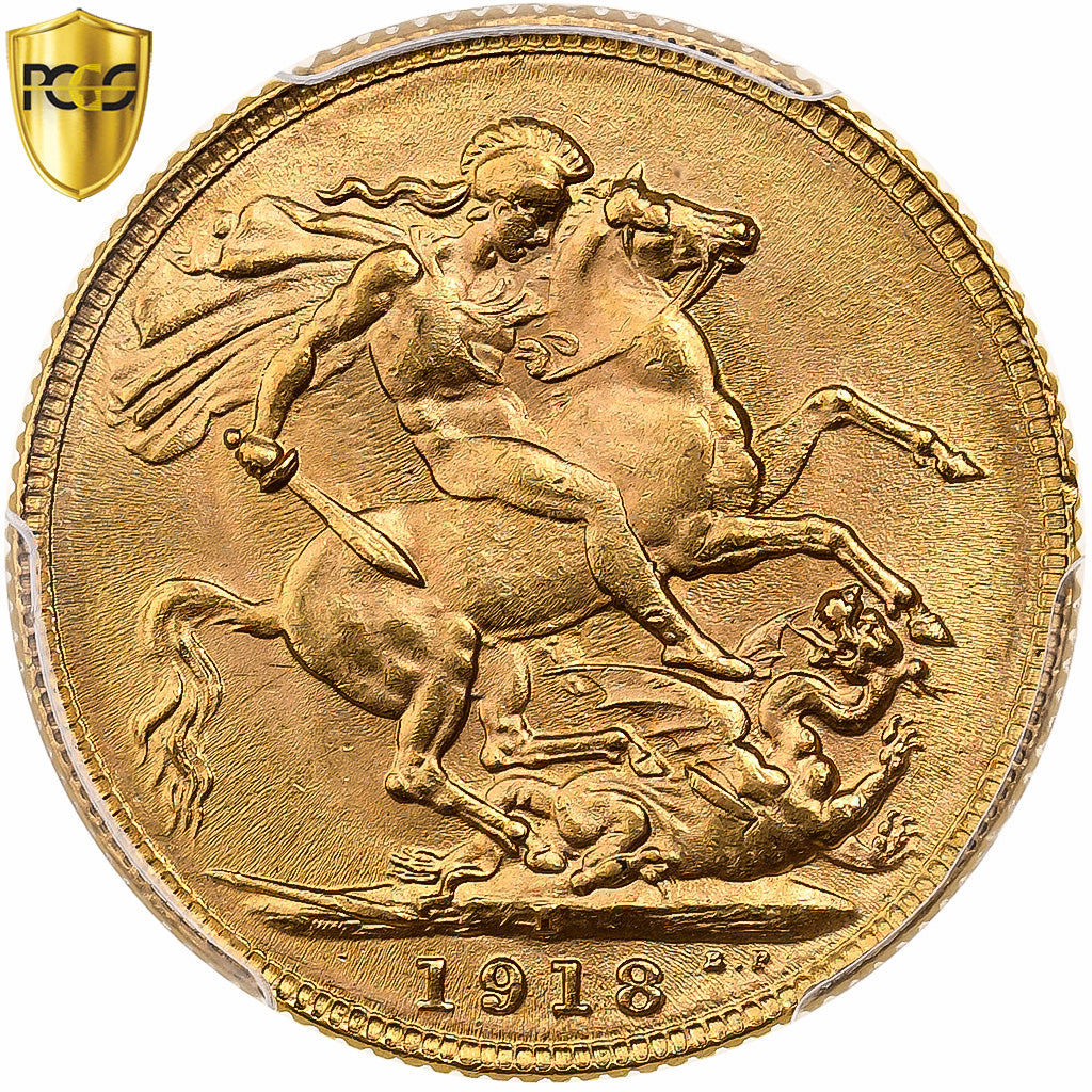 Inde britannique, George V, Sovereign, 1918, Bombay, Or, PCGS, MS64, KM:525A