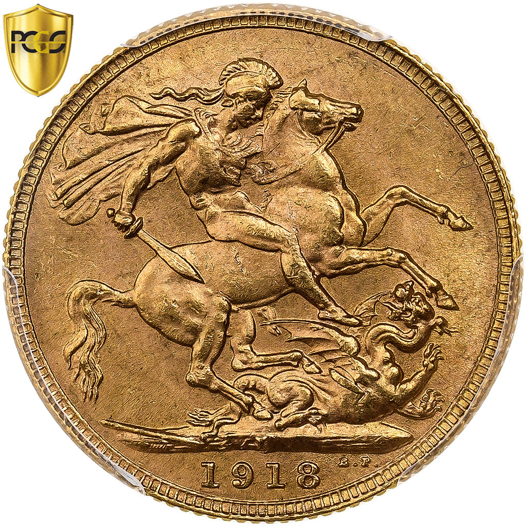 British India, George V, Sovereign, 1918, Bombay, Gold, PCGS, MS65, KM:525A