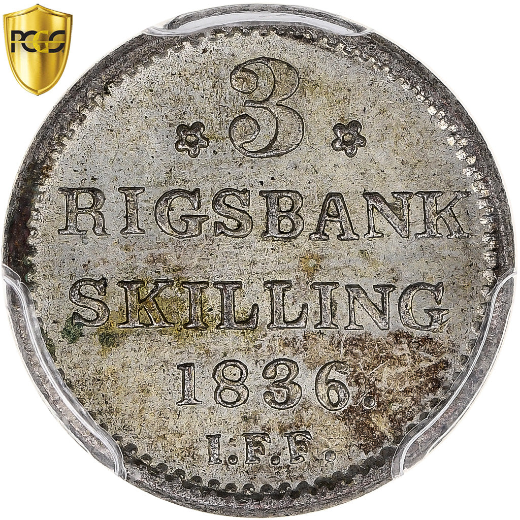 Dinamarca, Frederik VI, 3 Rigsbankskilling, 1836, Altona, Prata, PCGS, MS64