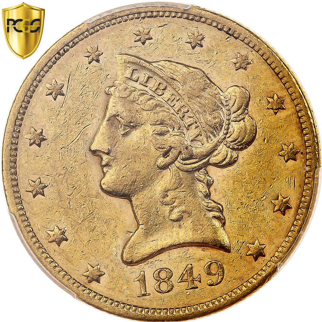 United States, 10 Dollars, Coronet Head, 1849, Philadelphia, Gold, PCGS, AU50