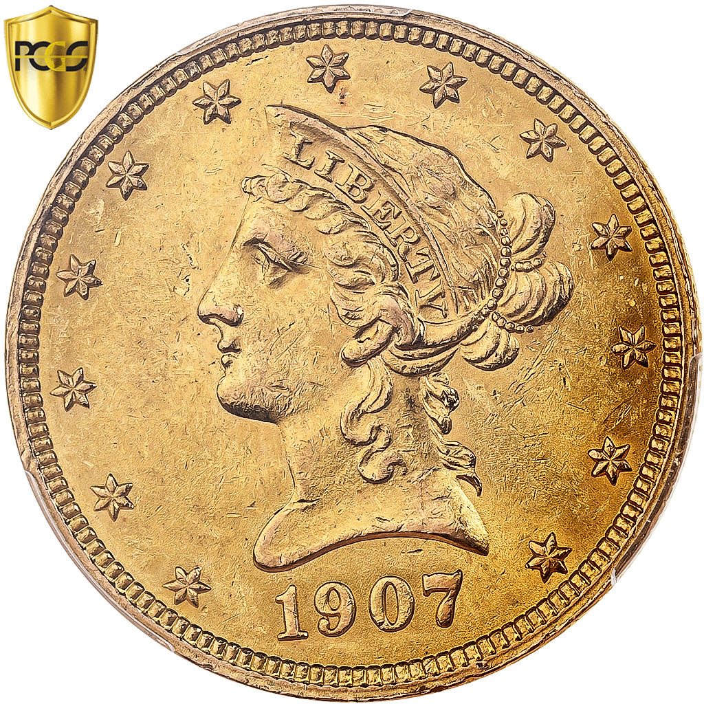 Stati Uniti, 10 Dollars, Coronet Head, 1907, Philadelphia, Oro, PCGS, MS62