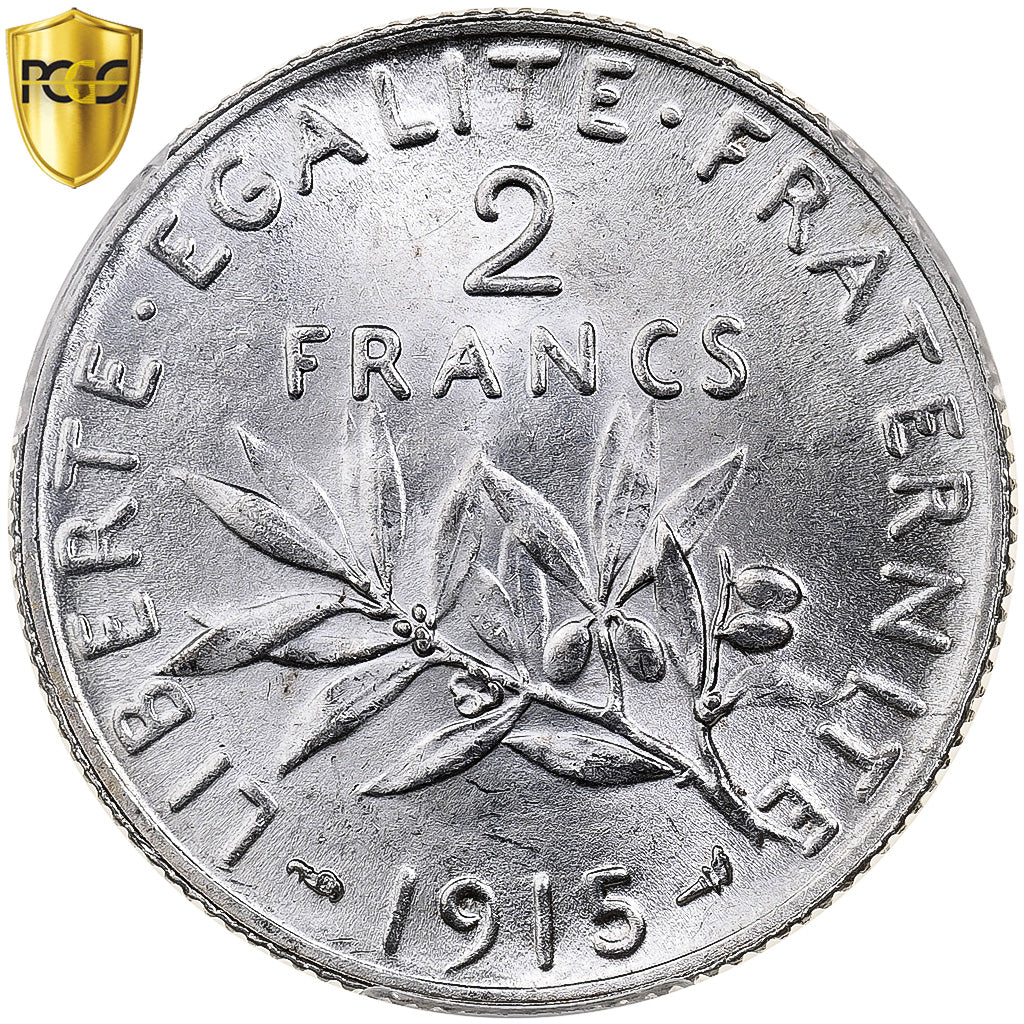France, 2 Francs, Semeuse, 1915, Paris, Silver, PCGS, MS61, Le Franc:F.266