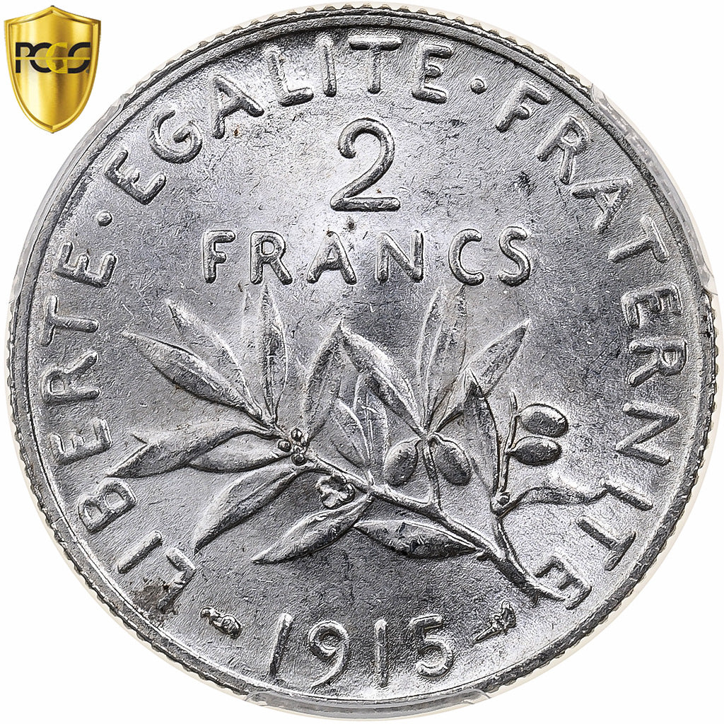 France, 2 Francs, Semeuse, 1915, Paris, Silver, PCGS, MS62, Le Franc:F.266