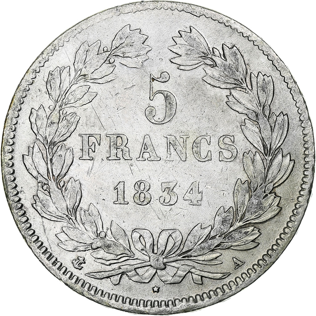 France, Louis-Philippe, 5 Francs, 1834, Paris, EF(40-45), Silver, KM:749.1