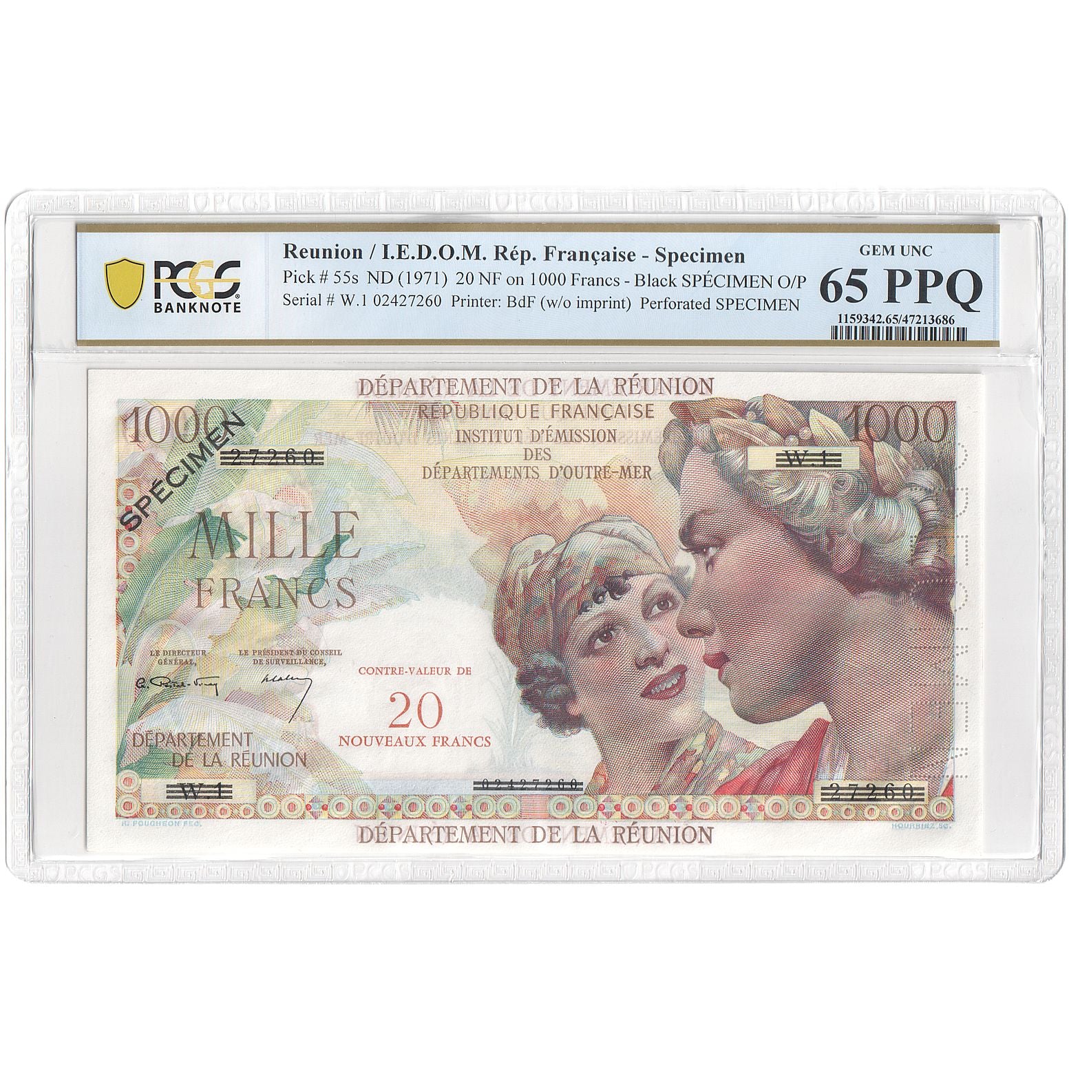 Réunion, 20 Nouveaux Francs on 1000 Francs, Union Française, Undated (1967)
